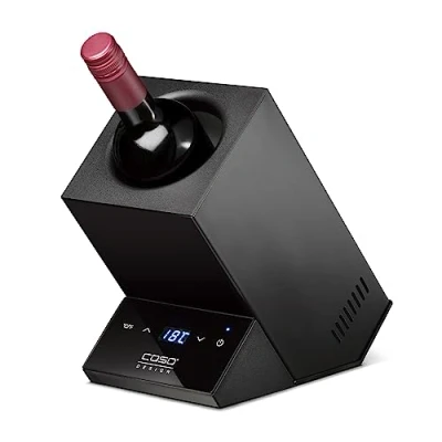 Obrázek CASO WineCase One Black designový chladič na víno láhev, teplotní rozsah 518 C, pro lahve do Ø 9 cm, dotykové ovládání se senzorem, černý kryt z ušlechtilé oceli