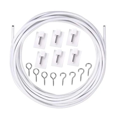 Obrázek Vorhangdraht Weiß Set, XCOZU 3 Meter Gardinendraht/4 Paar Haken und Augen Ösen zum Aufhängen/6 x Selbstklebende Gardinenhaken, Gardinenseil Vorhangseilsystem für Netzvorhangstangen