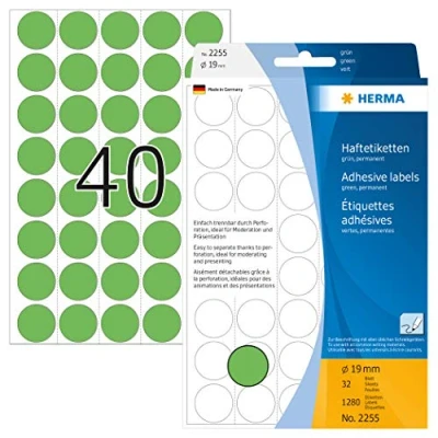 Obrázek HERMA 2255 bodových samolepek, lepicí body perforované zelené, 1280 kusů, Ø 19 mm, 40 na jeden arch, samolepicí, označovací pro kalendář plánovací kalendář, matný, prázdný papír barevné puntíky