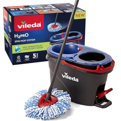 Obrázek Vileda Sada mopů H2PrO s kbelíkem systém dvou nádrží pro 100% oddělení čerstvé a špinavé vody ergonomický mop na podlahu z mikrovlákna funkcí vyždímání hygienický bez chemikálií