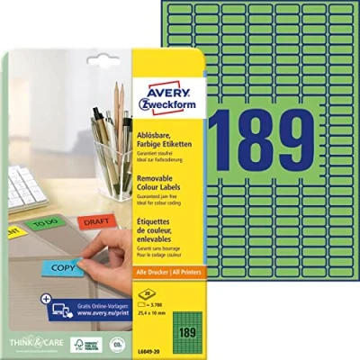 Obrázek AVERY Zweckform L6049 20 Zelené etikety (3 780 nálepek, 25,4 x 10 mm na A4, opět beze zbytku odstranitelné, samolepicí barevné etikety, papír matný, potiskovatelné, lepicí etikety) listů
