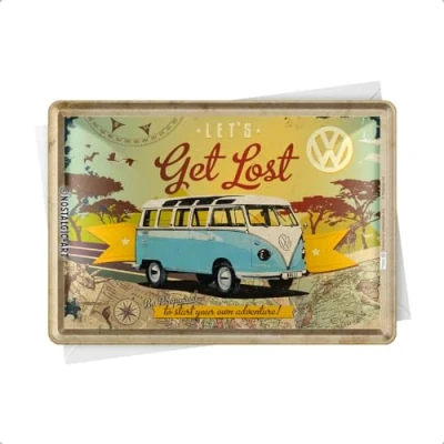 Obrázek Nostalgic Art Retro plechová pohlednice, 10 x 14 cm, VW Bulli Let&#039;s Get Lost nápad na dárek Volkswagen Bus dárek, pohlednice z kovu, mini cedule jako blahopřání