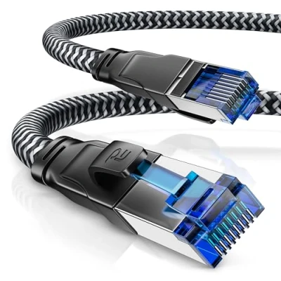Obrázek CSL CAT 8 síťový kabel 40 Gbits 2m bavlněný plášť LAN propojovací datový RJ45 Gigabit Ethernet Cable 40000 Mbits rychlost S/FTP PIMF Stínění černý