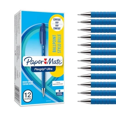 Obrázek PAPER MATE Flexgrip Ultra kuličkové pero s víčkem střední špička (1,0 mm) sada modrých tužek školní potřeby a kancelářské balení 12 ks