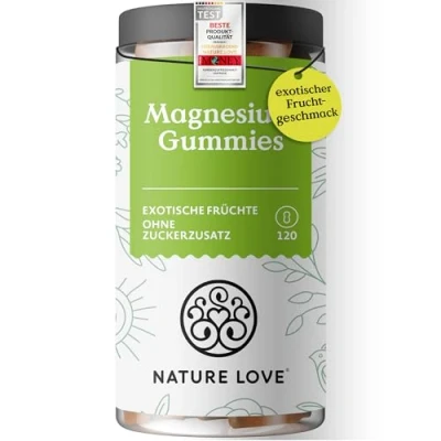 Obrázek NATURE LOVE® Gumy citrátu hořečnatého 120 kusů bez přidaného cukru 188 mg hořčíku v denní dávce pro dospělé, 126 děti alternativa k kapslím a tabletám veganské laboratorně testováno