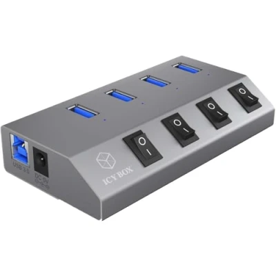 Obrázek ICY BOX IB Hub1405 4násobný USB 3.0 hub a nabíječka, vypínač pro každý port, síťový zdroj (5V/4A), hliník, nabíjecí standard BC 1.2, šedý