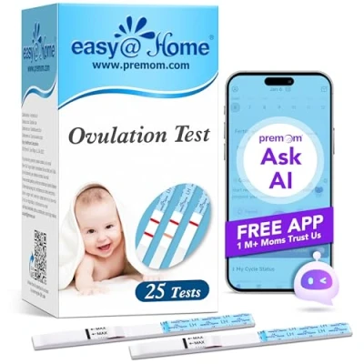 Obrázek Easy@Home 25 ovulačních testů Dětské přání Test plodnosti pro ženy ovulace mIU/ml, Spolehlivý cyklus a plodnost Sledování s aplikací Premom Ovulace, LH