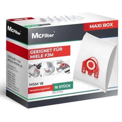 Obrázek McFilter 16 sáčků do vysavače vhodných pro Miele FJM série S2 S3 S4 S5 S6 S7, Complete C1, Compact C1/C2 sáček na prach vč. 8 filtrů s automatickým prachovým uzávěrem MAXI BOX