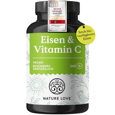 Obrázek NATURE LOVE® Železné tablety s vitamínem C 240 kusů 20 mg železa a 40 vitaminu v jedné tabletě vysoce biologicky dostupný bisglycinát (železný chelát) veganské, vyrobené Německu