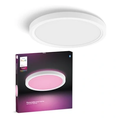 Obrázek Philips Hue Devote Smart LED panelové světlo, bílé a barevné prostředí, kulaté 30 cm, 16,6 W, 2000 lumenů, bílý rám pro osvětlení interiéru, strop, obývací pokoj, kuchyň, chodba