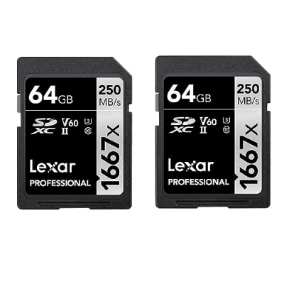 Obrázek Lexar profesionální 1667x SD karta 64 GB 2 ks, paměťová SDXC UHS II, čtení až 250 MB/s, třída 10, U3, V60, pro fotografy, videofilmy, nadšence (LSD1667064G B2NAA)