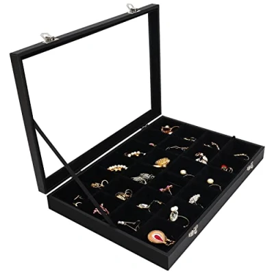 Obrázek Belle Vous Jewelry Organizér Šperkovnice černá, sametová krabička skleněná poklice a 24 přihrádek uložení šperků stohovatelné šperkovnice zásuvky nastavitelné pro prsteny, řetízky, náramky,