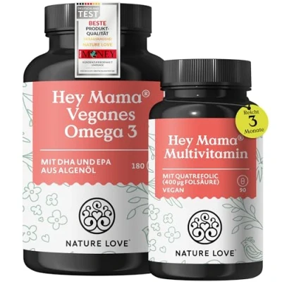 Obrázek NATURE LOVE® Těhotenské vitamíny Hey Mama kyselina listová, Omega 3, vitamíny, minerály 100% veganské na přání dítěte, plánování dětí a těhotenství laboratorně testováno vyrobeno v Německu