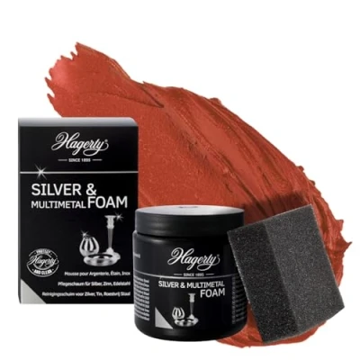 Obrázek Hagerty Silver Foam pěnový čistič 185 g I efektivní pečující pasta na stříbro, kov, cín, ušlechtilá ocel, chrom čisticí prostředek pro obnovený lesk vč. houbičky
