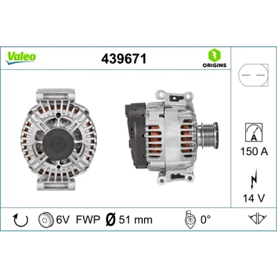 Obrázek VALEO 439671 Generator Nabíjecí proud generátoru: 150 A žebra: 6 žeber řemenice Ø: 51 mm napětí: 14 V směr otáčení: CLOCKWISE