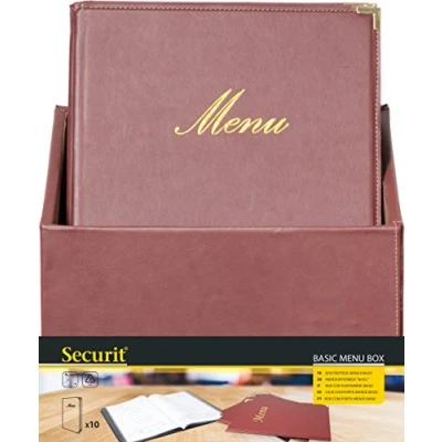 Obrázek SECURIT Klasický kožený vzhled menu (x20) plus box, vč. 1 dvojitá vložka pro (na 4 stran A4), hnědá, umělá kůže, Marrone
