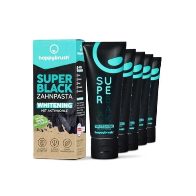 Obrázek happybrush Veganské aktivní uhlí zubní pasta SuperBlack s mátovou příchutí balení 5 ks černá pro bílé zuby a bělení zubů zásobní (5 x 75 ml)