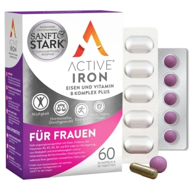 Obrázek Active Iron Für Frauen 2X Bessere Absorption 6X Weninger Darmirritationen 30 Kapseln Eisen &amp; Vitamin B Komplex Plus