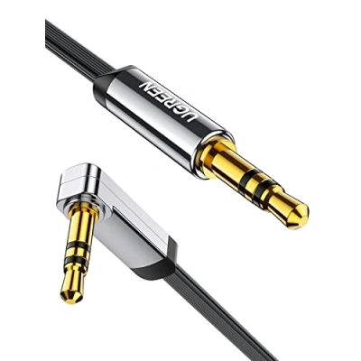 Obrázek UGREEN Aux kabel do auta 3,5 mm jack 90 stupňů s úhlovou zástrčkou pro audio systém auta, TV, soundbar, reproduktor, mobilní telefon, sluchátka atd. (0,5 m)