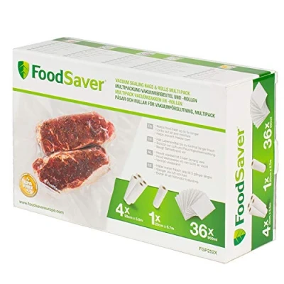 Obrázek FoodSaver, opakovaně použitelné vakuové pytle pro vakuovače potravin FoodSaver bez BPA 4 role vakuových pytlů (28 cm x 5,5 m) 1 (20 6,7 36 (950