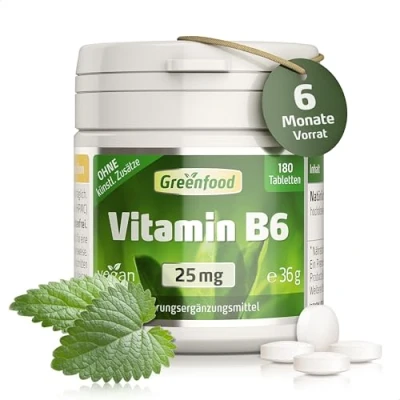 Obrázek Vysoká dávka vitaminu B6 vitamin 25 mg denně (180 veganských tablet) pyridoxin podporuje metabolismus energie, snižuje únavu a bez přísad, laboratorně testováno Greenfood