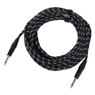 Obrázek Pronomic Stage INST 10T kabel nástroje 10 m (6,3 mm jack, textilní plášť, pro kytaru, pozlacené hroty, kleštiny odlehčení tahu) černá/bílá