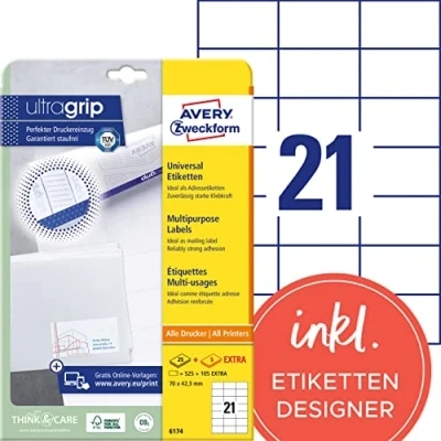 Obrázek AVERY Zweckform 6174 nálepka na adresu (525 plus 105 samolepicích etiket navíc, 70 x 42,3 mm A4, papír matný, potisknutelné etikety, samolepicí adresní etikety s ultragrip) 30 listů, bílá