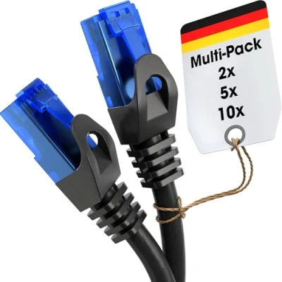 Obrázek KabelDirekt 5 x 7,5 m LAN kabel, síťový Ethernet kabel/patch k dostání v 0,2530 (rychlost optického vlákna pro gigabitové sítě, přepínač/router/modem s RJ45, černá/modrá)