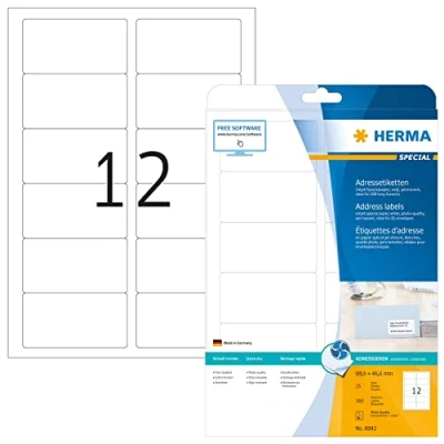 Obrázek HERMA 8842 adresní štítky pro inkoustové tiskárny, 25 listů, 88,9 x 46,6 mm, 12 na arch A4, 300 kusů, samolepicí, potištěné, matné, prázdné nálepky, etikety bílé