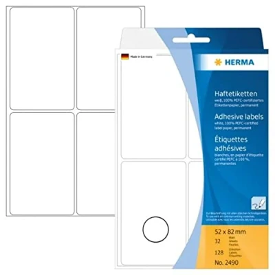 Obrázek HERMA 2490 víceúčelové etikety, 128 kusů, 52 x 82 mm, 4 na arch, samolepicí, štítky pro domácnost k popisování, matné, prázdné papírové lepicí bílé