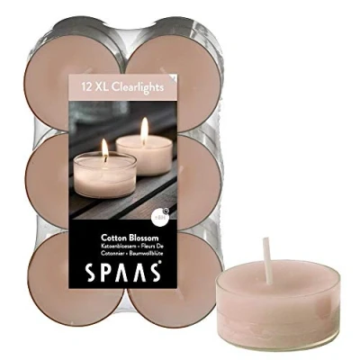 Obrázek Spaas 12 maxi vonných jasných světel, čajové svíčky s průhledným držákem, ± 8 hodin Cotton Blossom, parafínový vosk, béžová, průměr 56 mm x v 21