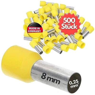 Obrázek 500 kusů Kalitec AE02508GE izolovaných dutinek vodičů 0,25 mm² 12 mm dlouhé žluté I Made in Germany průmyslová kvalita