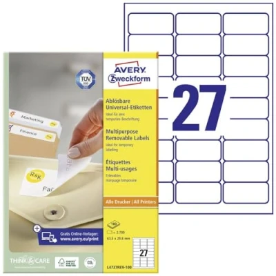 Obrázek AVERY Zweckform L4737REV 100 univerzální etikety (2 700 samolepicích štítků, 63,5 x 29,6 mm na A4, lze opět beze zbytku odstranit/odstranitelné, individuálně potištěné, samolepicí nálepky) listů,
