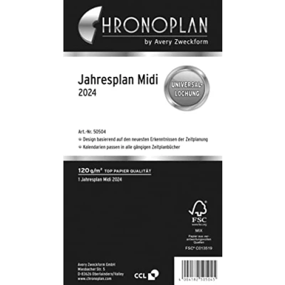 Obrázek Chronoplan 50504 kalendářová vložka 2024, roční plán ve formátu midi (96 x 172 mm), náhradní kalendář, ideální pro přehledné plánování, univerzální děrování, zaklapnutí (s leporello skládáním),