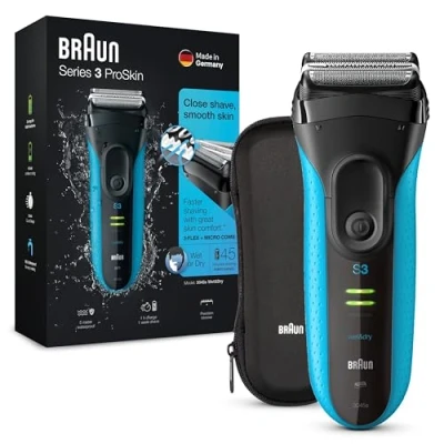 Obrázek Braun elektrický holicí strojek Series 3 ProSkin, strojek, pánský s cestovním pouzdrem, dárek pro muže, Wet&amp;Dry, Made in Germany, 3045s, černý/modrý