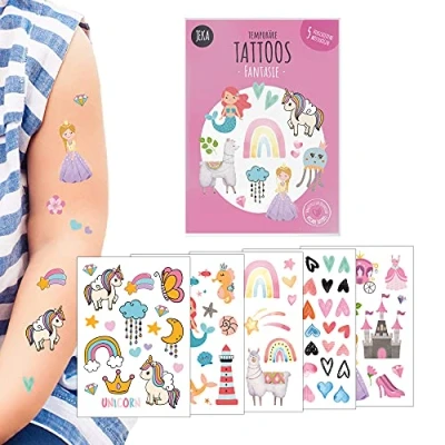 Obrázek dětské tetování šetrné k pokožce nalepení motiv fantazie, sada dětských s 5 archy, jednorožce pro děti, dívky, 100% veganské a vyrobeno v Rakousku, JEKA