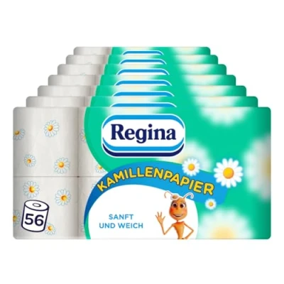 Obrázek Regina Heřmánkový papír 3vrstvý toaletní balení 56 rolí (7 x 8 jednotlivých balení) 150 listů na roli jemný a spolehlivý s nádechem heřmánku certifikovaný FSC®