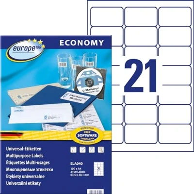 Obrázek Europe100 Art. ELA040 univerzální etikety (2. 100 samolepicích štítků, 63,5 x 38,1 mm na A4, papír matný, individuálně potištěné, samolepicí nálepky, kompatibilní s AVERY L6023REV 25) listů, bílé