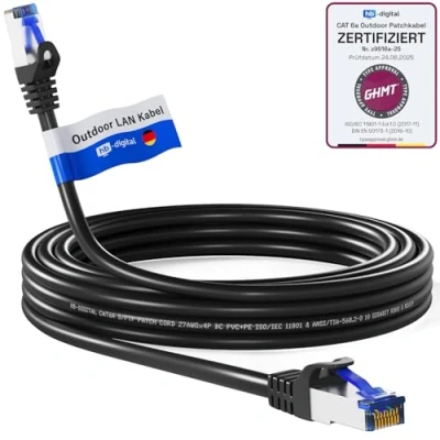 Obrázek hb digital 10m CAT 6a Outdoor LAN kabel síťový patch IP66 GHMT certifikovaný RJ45 Ethernet S/FTP PiMF 10 Gbit/s AWG 26 vodotěsný pro venkovní a vnitřní použití černý