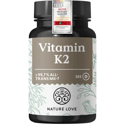 Obrázek NATURE LOVE® Vysoce koncentrovaný vitamin K2 prémiová surovina MK7 365 tablety obsah všech trans &gt; 99,7 % MK 7 menaquinon veganská, laboratorně testovaná a vyrobena v Německu