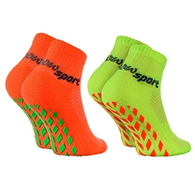 Obrázek Rainbow Socks Chlapecké dívčí neonové tenisky sportovní protiskluzové ponožky, 2 x oranžová zelená.