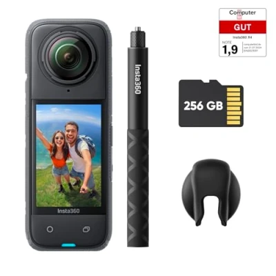 Obrázek Insta360 X4 sada na chůzi vodotěsná akční kamera 8K, 360 kamera, 4K širokoúhlá videa, neviditelný efekt selfie tyčinky, odnímatelná ochrana čoček, výdrž baterie 135 min, zpracování AI,