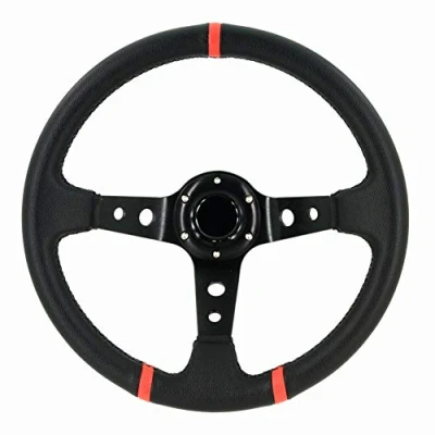 Obrázek AUTO STYLE Univerzální sportovní volant &#039;Deep Dish Ø350mm černý PVC kůže + černé paprsky červené pruhy