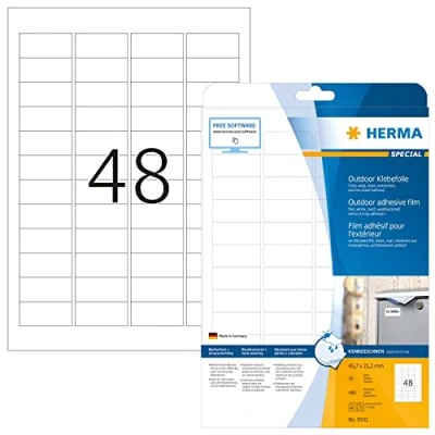 Obrázek HERMA 9531 Fóliové etikety odolné proti povětrnostním vlivům, 10 listů, 45,7 x 21,2 mm, 48 na arch A4, 480 kusů, samolepicí, potisknutelné, matné, prázdné venkovní lepicí etikety, nálepky z
