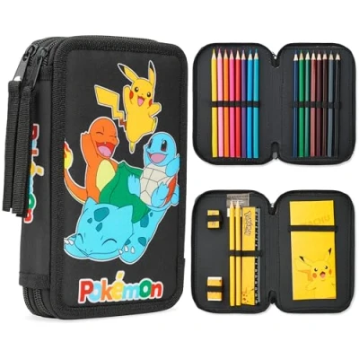 Obrázek Pokemon penál velký, naplněný pro chlapce se sadou psacích potřeb Pikachu dárky děti, černá/vícebarevná, Design Pokémon