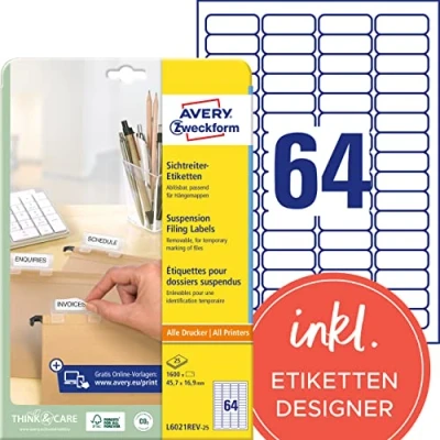 Obrázek AVERY Zweckform L6021REV 25 štítky pro bezpečné jezdce (45,7 x 16,9 mm na DIN A4, samolepicí, lze potisknout, odstranit, ideální popisování štítků závěsných desek) 1600 kusů listech, bílé