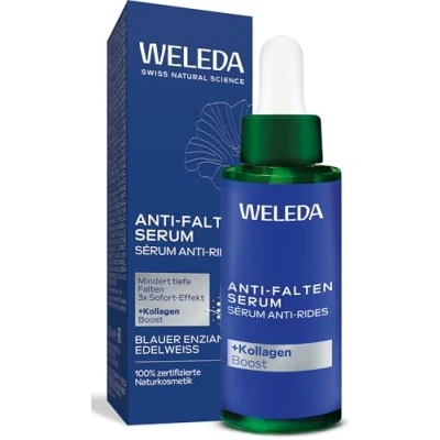 Obrázek WELEDA Bio sérum proti vráskám, modrý hořce a protěž přírodní kosmetika Natural Anti Aging obličejové / koncentrát péče o obličej redukuje hluboké vrásky po 2 týdnech napíná pokožku