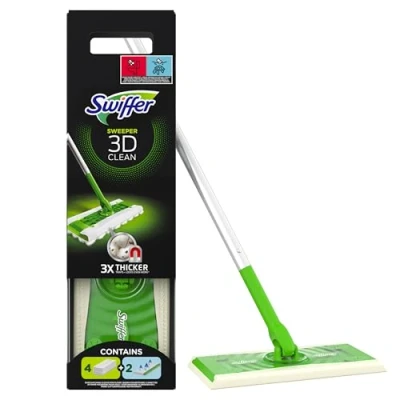 Obrázek Swiffer Podlahové utěrky 3D Clean, suché a vlhké na podlahu, startovací sada čištění tvrdého dřeva podlah, obsaženo: 1 tyč, 4 hadříky, 2 vlhčené ubrousky podlahu