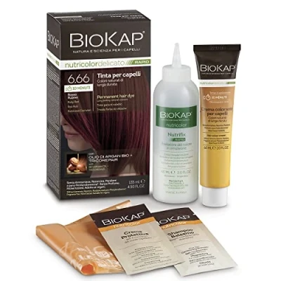 Obrázek BIOKAP Permanentní barva na vlasy Rapid 6,66 rubínově červená doba působení pouze 10 minut bio arganový olej komplex TricoREPAIR veganský optimální krytí šedi až 80 % přírodních složek