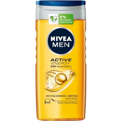 Obrázek NIVEA MEN Active Energy sprchový gel (250 ml), pH neutrální s 24hodinovým osvěžujícím efektem, pánský kofeinem na tělo, obličej a vlasy